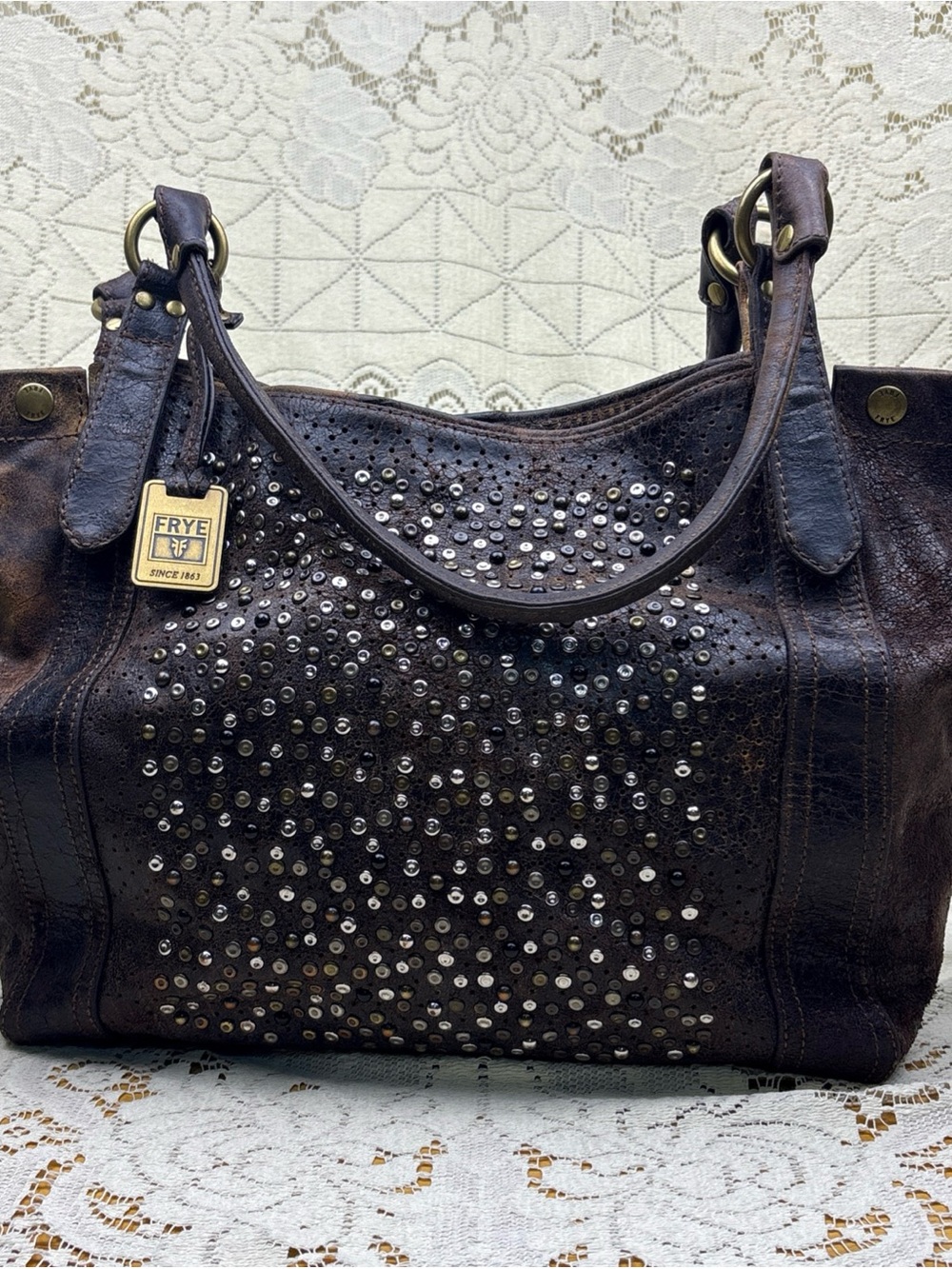 Frye Deborah Distressed Western Studded Brown Leather Shoulder Bag